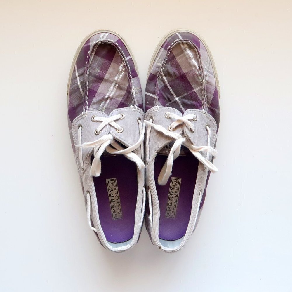 Sperry Purple & Gray Plaid Canvas slip on Boat Shoes Sizde 9